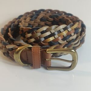 Genuine Leather Woven Belt Guatemala Handmade Brass Tone Buckle Size M/L